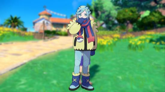 Grusha, a Pokémon Scarlet and Violet gym leader with long blue hair, a red and blue scarf covering the bottom of their face, yellow winter coat, blue trousers, and fluffy blue boots. They are on a blurred background of greenery and foliage.