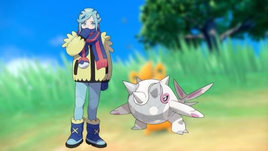 Grusha, a Pokémon Scarlet and Violet gym leader with long blue hair, a red and blue scarf covering the bottom of their face, yellow winter coat, blue trousers, and fluffy blue boots. The Pokémon Cetitan is next to them, a white and grey orb with three spikes on top, a long spiky tail, and stubby arms and legs.