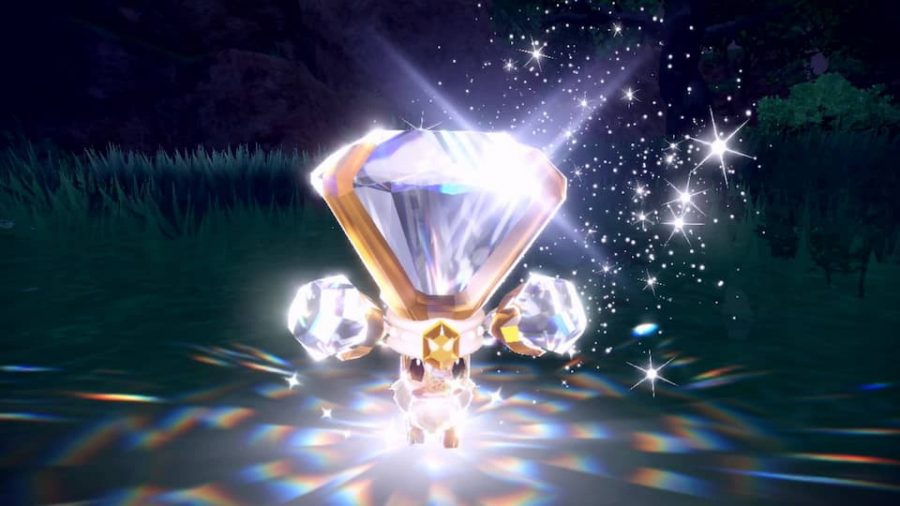 Pokemon Scarlet & Violet Terastal Pokemon: a screenshot shows the Pokemon Eevee encased in a crystal-like armour, with a jewel protruding out of its head