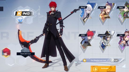 Tower of Fantasy King holding his Scythe of the Crow on the Simulacra select screen