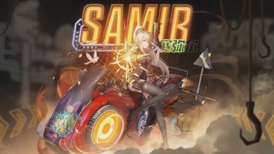 ToF Samir on her bike, with her guns raised and a neon light spelling out her name behind her