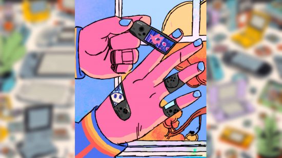 A Handheld History article reveal: stylised pastel artwork shows a pair of hands, with the left applying plasters to the right, withe each plaster decorated with artwork from a different Playstation Vita game