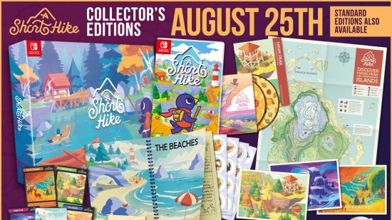 A poster for the A Short Hike physical edition, showing the game case with the bird protagonist on the front, an art book, stickers, and other bits of art all displaying peaceful sandy paradise scenes. At the top it says: A Short Hike Collector's Edition, August 25th.