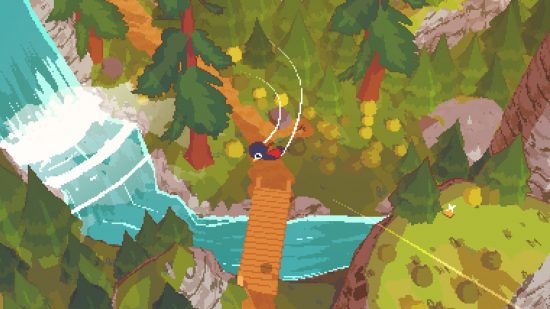 A bird flying through the air over a bridge crossing a river with two tree-covered patches of land on either side and a waterfall feeding the river on the left in a screenshot from A Short Hike