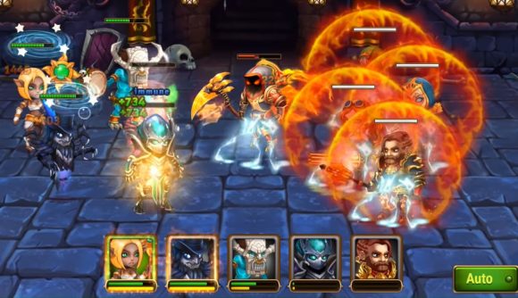 Addictive games: Hero Wars. Image shows an in-game battle between a diverse group of heroes and monsters.