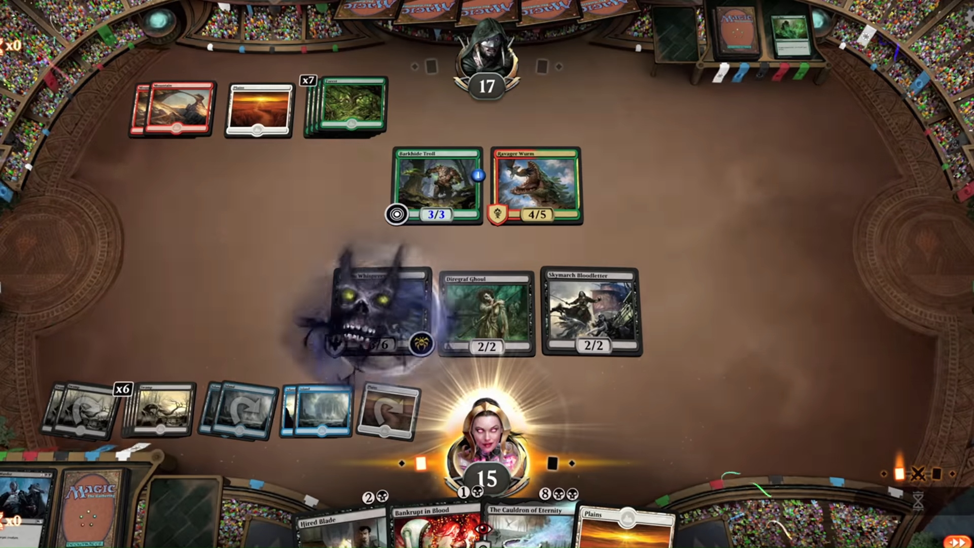 Addictive games: Magic: The Gathering Arena. Screenshot shows a game in progress, with cards laid out on the table.