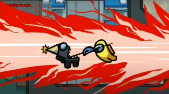Among Us imposter: A kill animation featuring a black Among Us character in a party hat stabbing a yellow Among Us character through the mask with a spine-like blade from its mouth