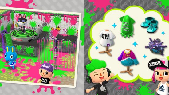 Two pictures for the Animal Crossing Pocket Camp Splatoon crossover showing a room with lots of pink and green ink, three characters with different weapons from the game like a giant paint roller, and then on the right various clothes stands with Splatoon themed outfits on them, and a character with neon green hair and headphones doing a celebratory pose.