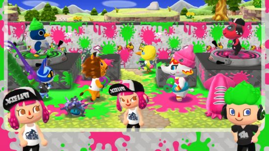 Art for the Animal Crossing Pocket Camp Splatoon crossover, showing three Animal Crossing characters dressed in neon pink and green outfits, in front of a photo frame of an environment covered in neon pink and green ink with fellow animals hanging out in it.