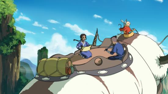 Avatar: Generations soft launch key art that shows characters riding a huge beast next to some trees with a blue sky in the background