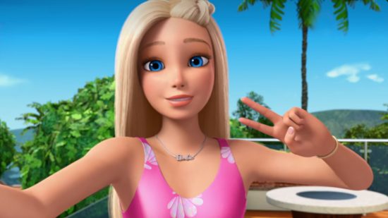 Barbie games - Barbie doing a peace sign in front of a sunny beachy background
