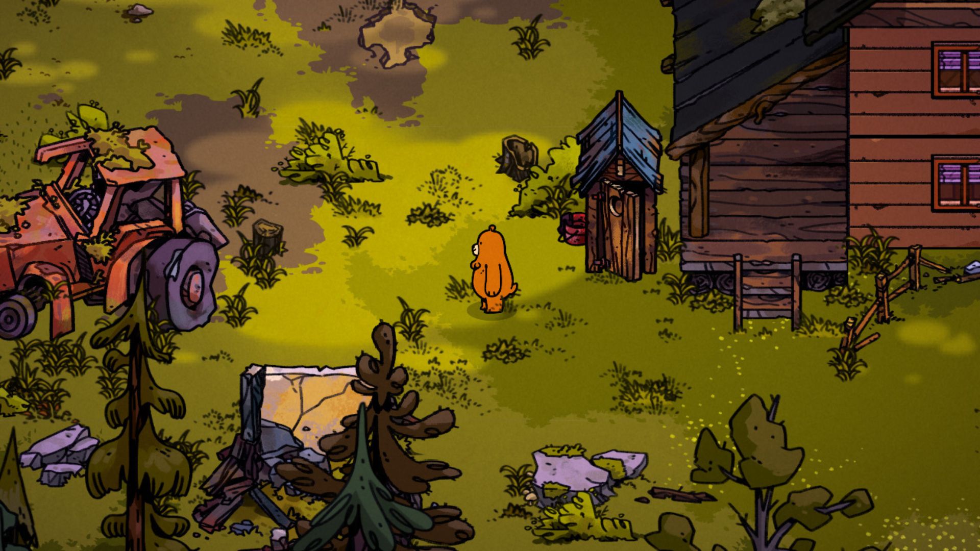 A screenshot from Bear and Breakfast showing a 2D cartoon patch of land, trees in the foreground, grass and foliage everywhere, and a run down wooden shack to the right. A bear stands right in the middle.