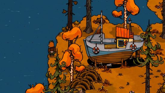 A screenshot from Bear and Breakfast, showing a 2D cartoon forest by a seaside cliff, seemingly in autumn, with leafless trees and orange foliage. A bear stands on the edge of the cliff, with a rugged boat behind him.