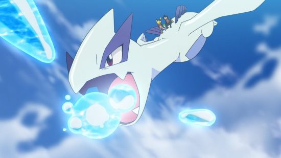Screenshot from the Pokémon anime of bird Pokémon Lugia blasting a ball of energy with Ash and Brock on its back