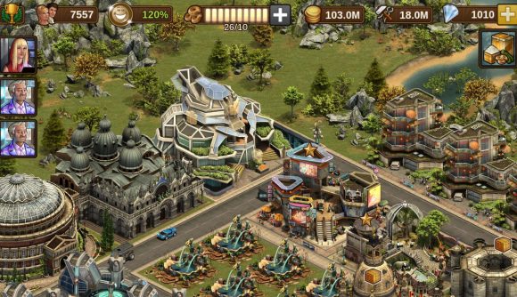 Best browser games: Forge of Empires. Image shows an isometric view of a civilisation amidst some grass. There are cars and futuristic buildings.