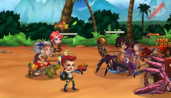 Best browser games: Hero Wars. Image shows characters doing battle in a tropical location.