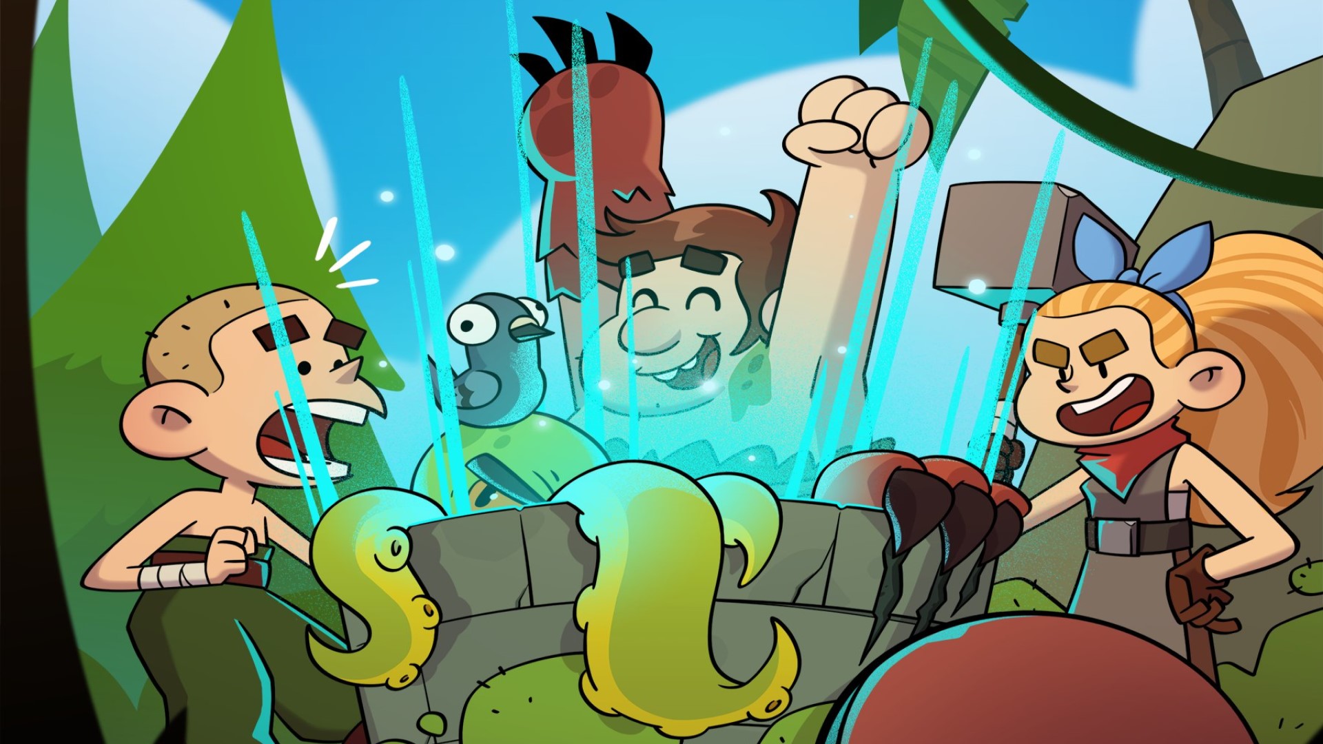 Best idle games: Almost a Hero. Image shows three people reacting with surprise as they look at a pot filled with a bird, an octopus and another clawed creature.