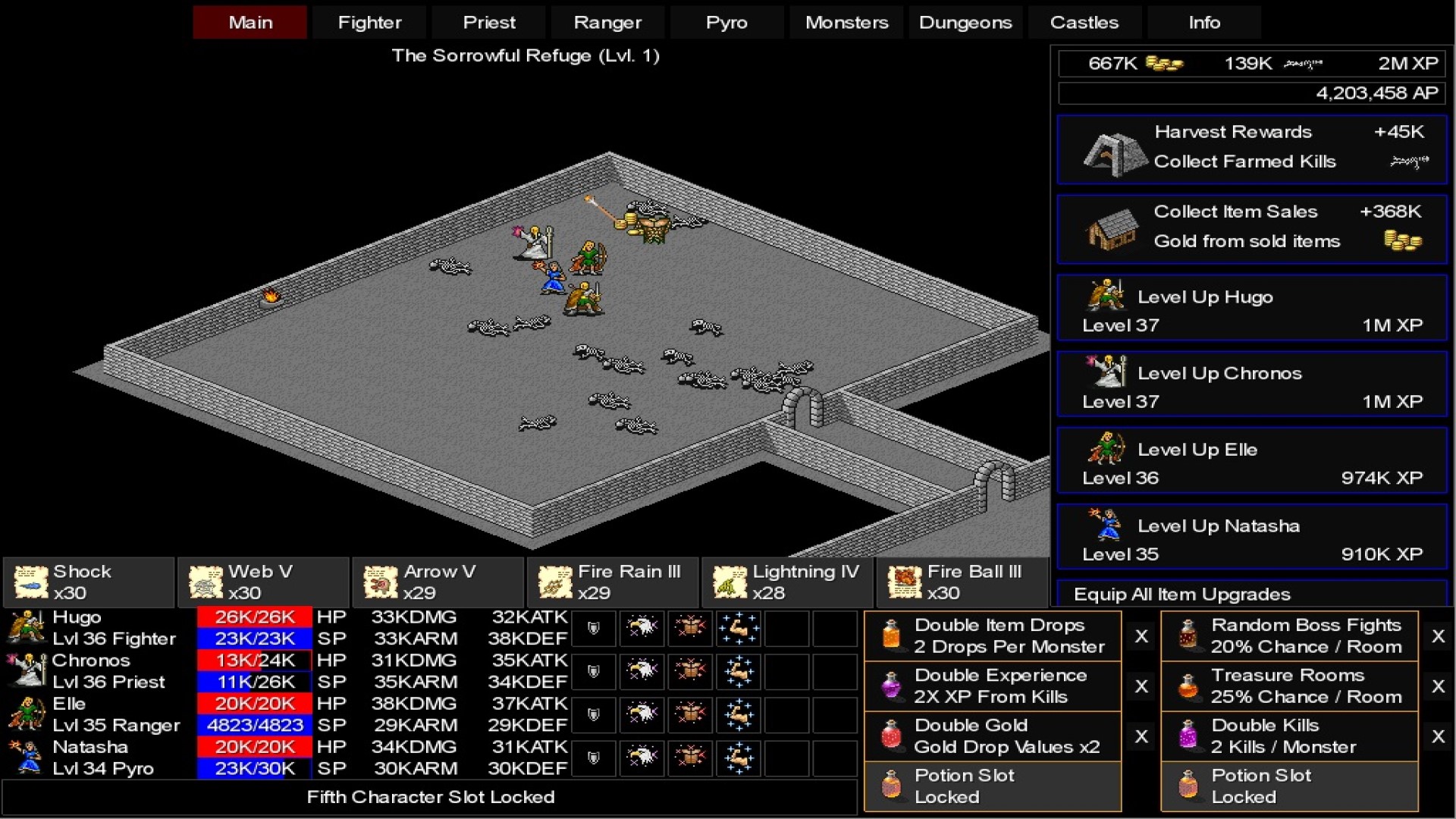 Best idle games: Clickpocalypse II. Image shows a party of adventurers in a dungeon with skeletons on the ground. Various stats are seen around the screen.