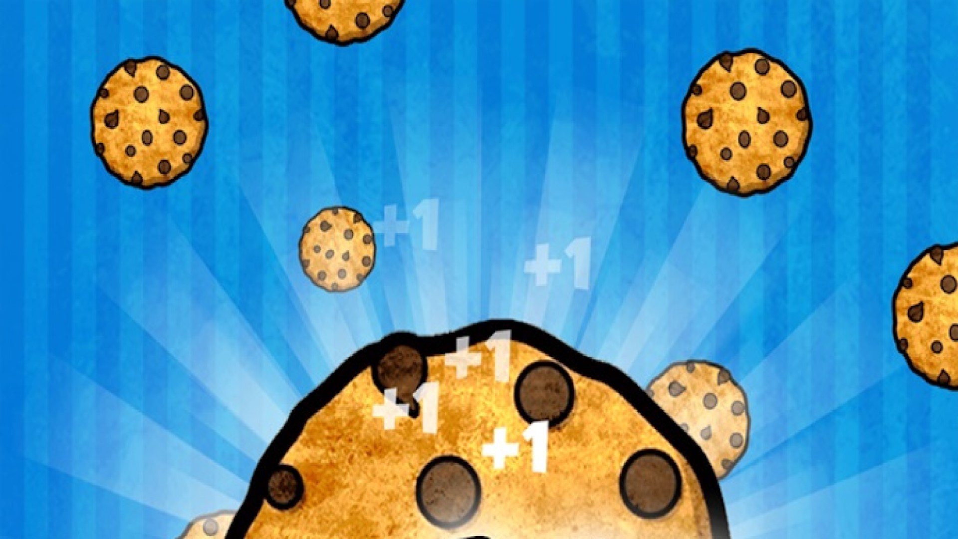 Best idle games: Cookie Clickers. Image shows cookies falling from the sky, with a large cookie in the middle of the screen and various instances of "+1" seen, which indicate the creation of new cookies after a click.