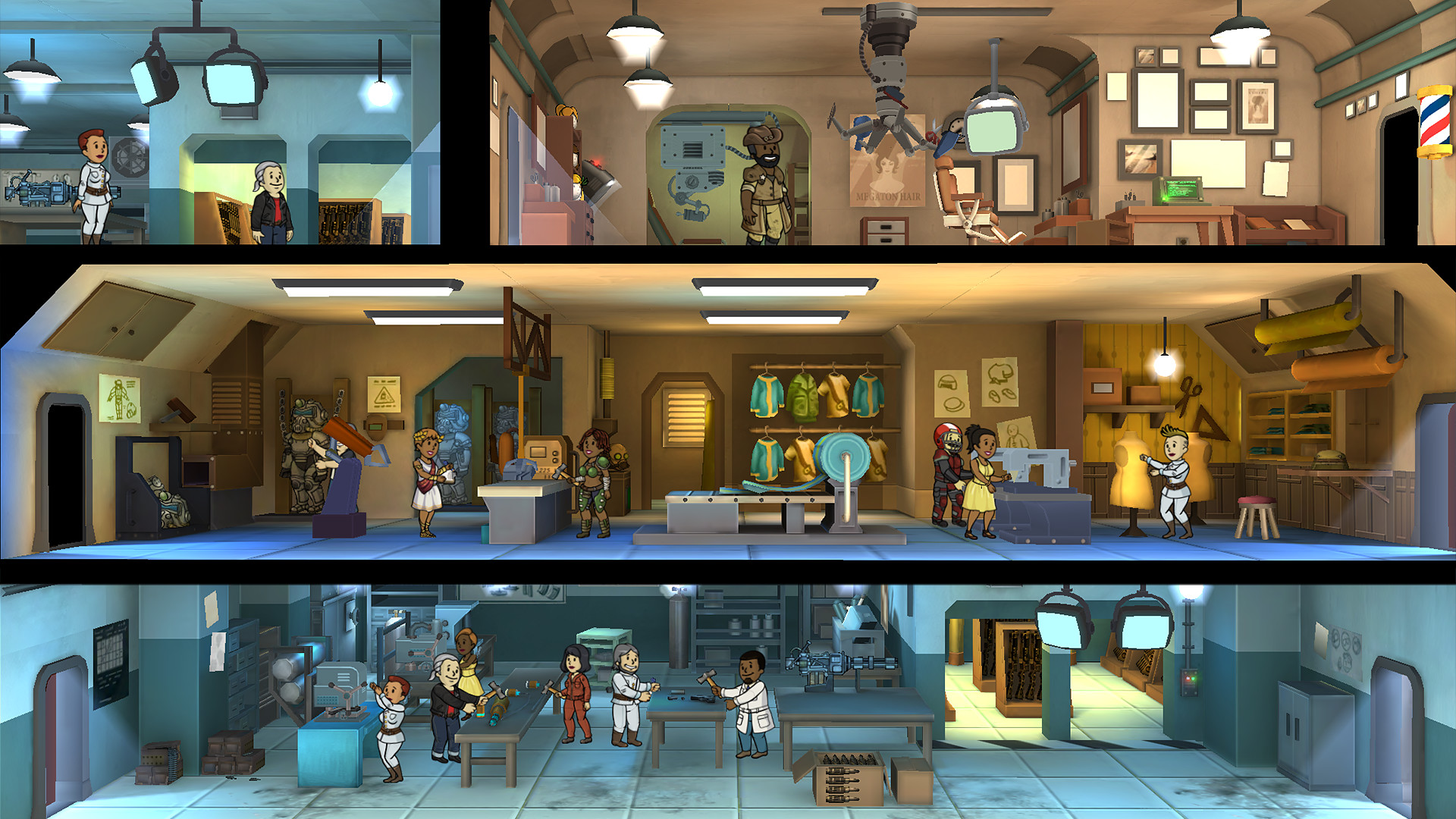 Best idle games: Fallout Shelter. Image shows a bunker full of people performing various tasks on different floors.