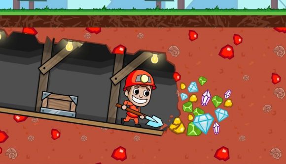 Best idle games: Idle Miner Tycoon. Image shows a miner about to dig up some diamonds and gems.