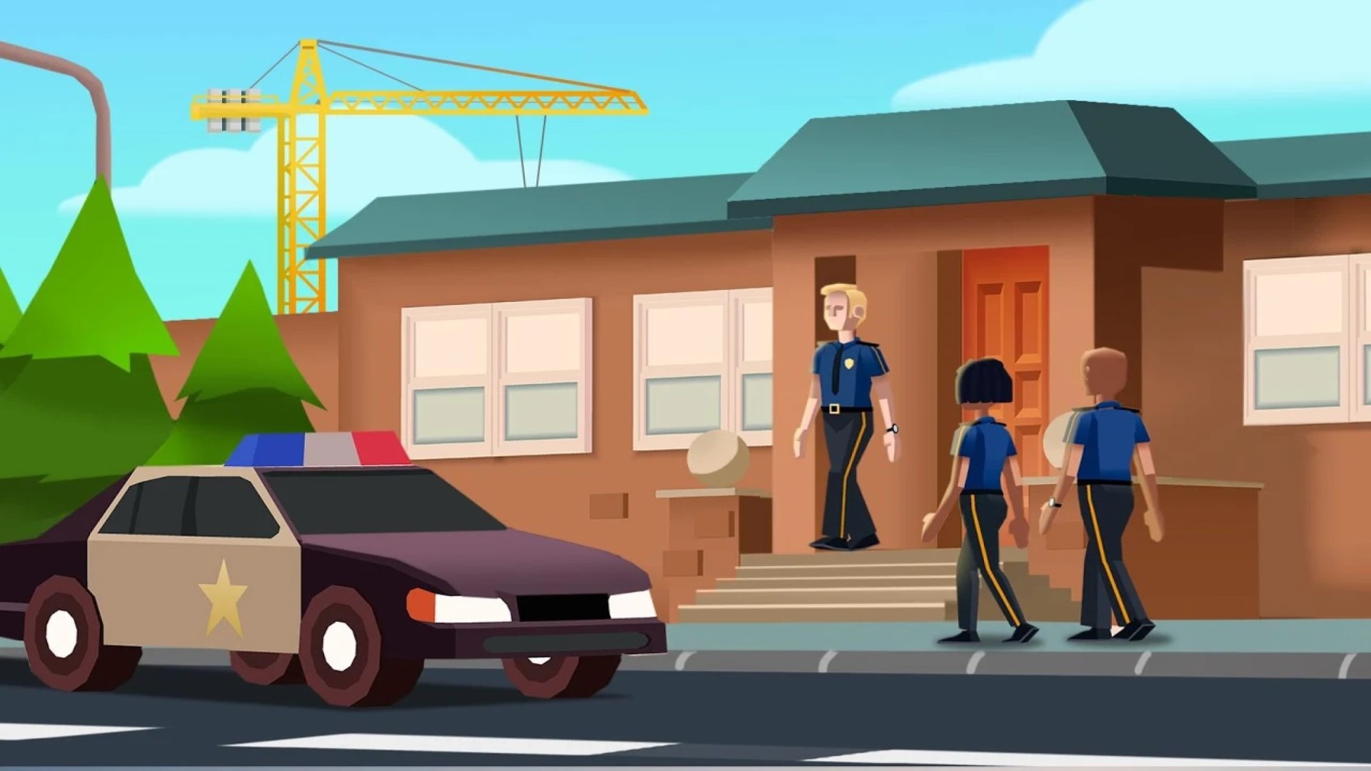 Best idle games: Idle Police Tycoon. Image shows two police officers outside a building near their car.