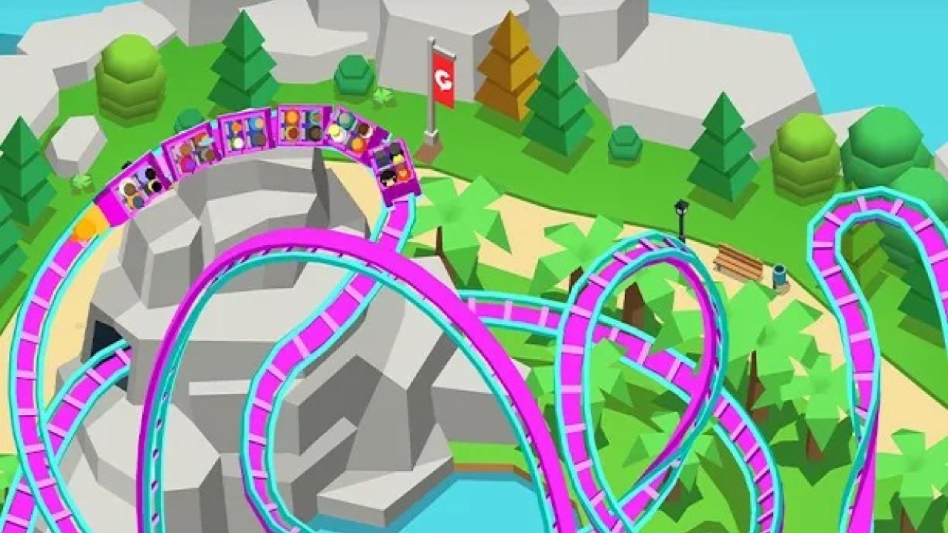 Best idle games: Idle Theme Park Tycoon. Image shows a long, twisted roller coaster.