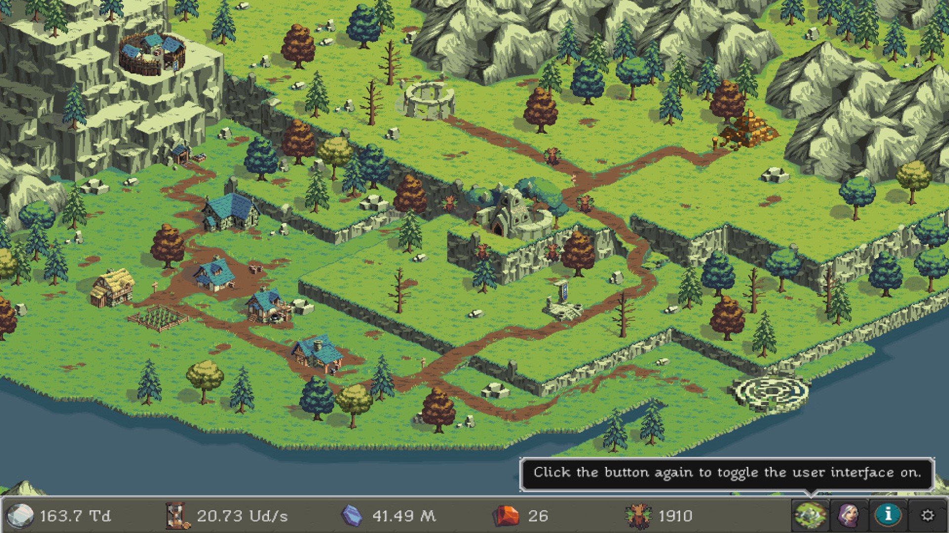 Best idle games: Realm Grinder. Image shows an isometric view of a field near mountains.