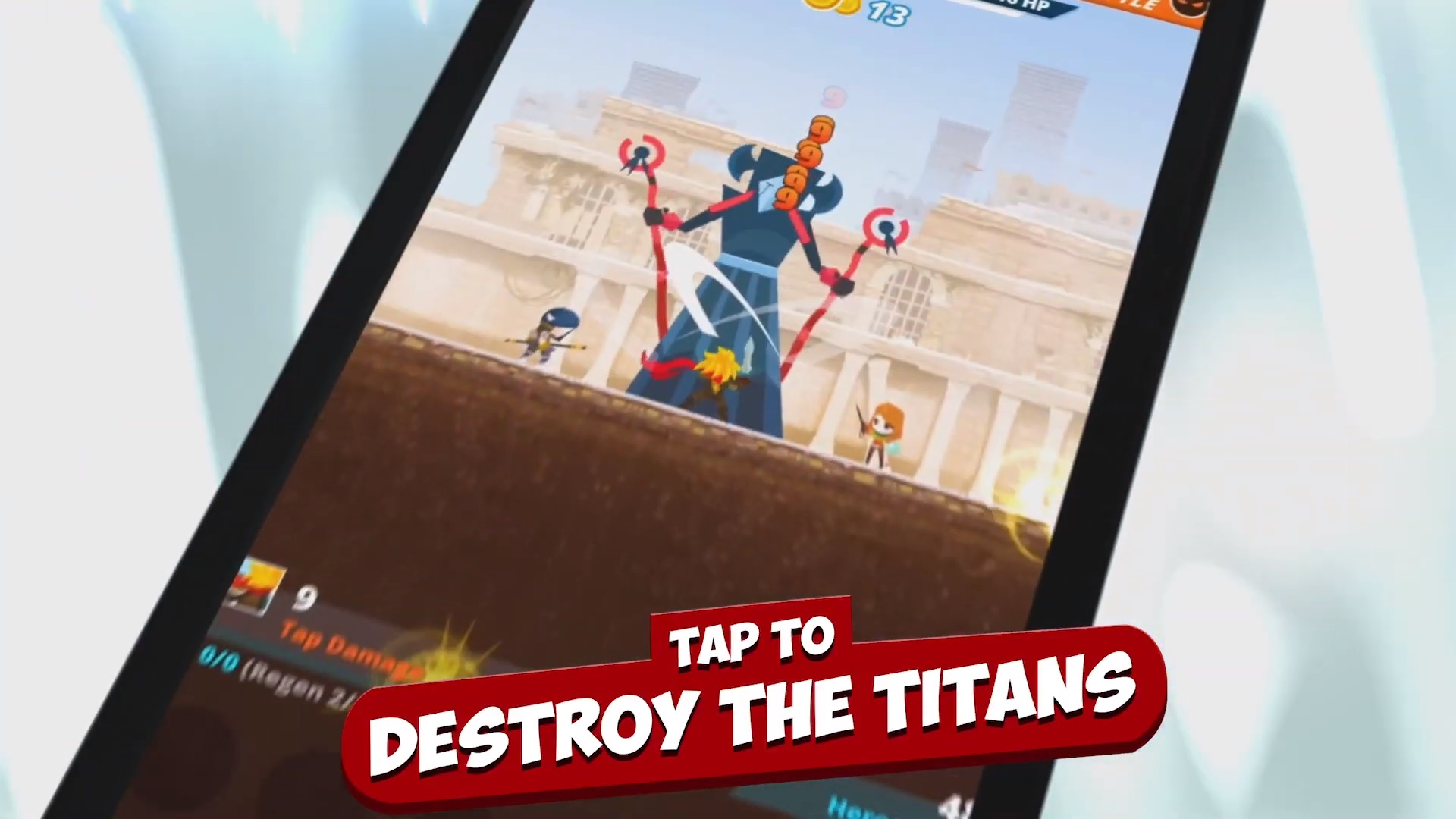Best idle games: Tap Titans 2. Image shows to small figures attack a larger one on a mobile screen, with text reading "Tap to destroy the titans" overlaid in front.