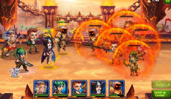 Best mobile games: Hero Wars. Image shows a group of heroes battling a group of other heroes who are protected by fiery shields.