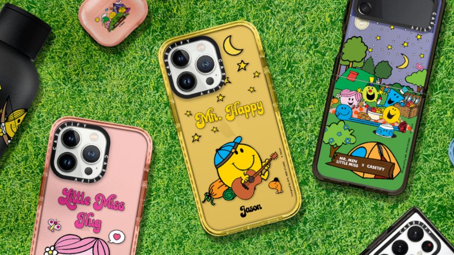A selection of Mr. Men cases with Mr. Happy's yellow camping case in the middle of the screen