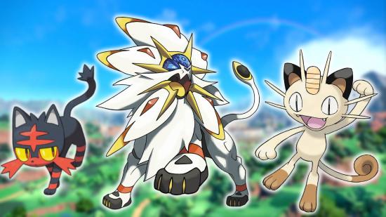 Cat Pokemon: several cat based Pokemon are visible against a background from the game Pokemon Scarlet and Violet