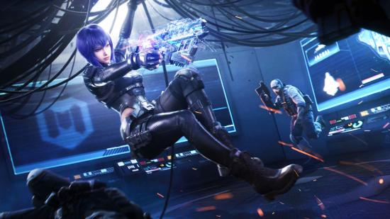Motoko flying through the air in a lab with a soldier in the background as part of the CoD: Mobile Ghost in the Shell collaboration