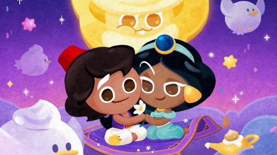 Cookie Run Kingdom codes - Aladdin and Jasmine riding a magic carpet in the moonlight