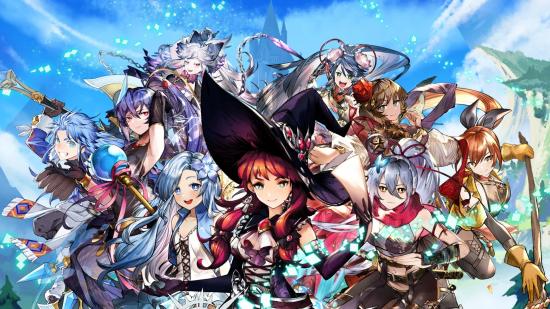 Cross Summoner R codes - a group of characters posing together with their weapons in front of a blue background with mountains