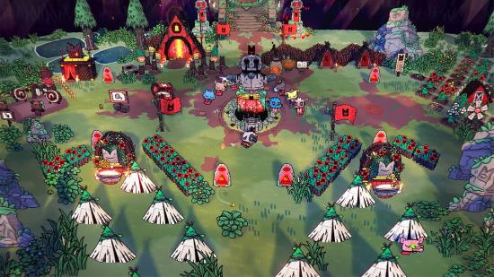 Cult of the Lamb review: a large grassy area is visible, revealing several woodland animals engaged in cult like behaviour