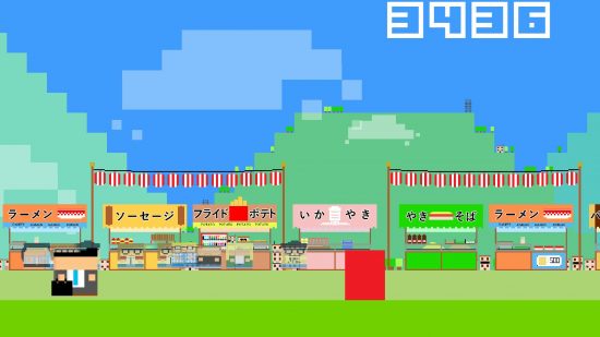 A screenshot from Salaryman Suzuki-san, a 2D side scrolling video game. On the left is a cube shaped, roughly outline businessman. In the background is blue sky, hills, and further forward lots of stands like a market, all of various colours.