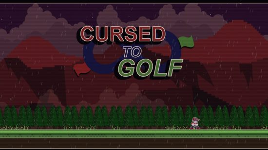 Cursed to Golf's itch.io prototype title screen. At the top in the middle is the title in front of what looks like an infinity symbol. The sky is purple, green trees line the background, and a flat green fairway stretches across the bottom. In the bottom right is a small character dressed in red.
