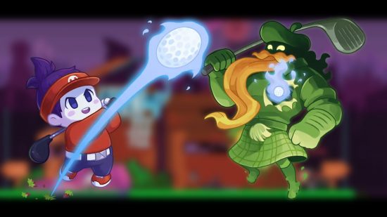 Two characters from Cursed to Golf on a blurred purple, brown and green background. On the left is a golfer dressed in red, with a red cap and blue shorts, pale face and big cartoon eyes. They have a hit a golf ball, club behind their back, ball flying through the air with blue contrails (if you know what I mean). On the right is a large green man with yellow eyes from a shadowed face, and long yellow beard swirling down his from. He holds a golf club resting on his right shoulder.