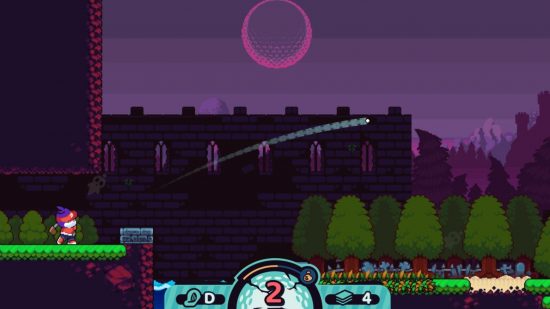 A screenshot from Cursed to Golf showing a small pixel dude in red hitting a ball from left to right though a purple sky past some green trees.