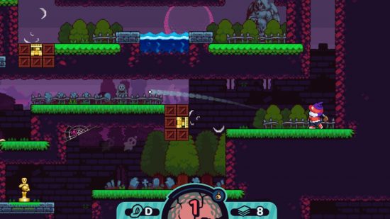 A screenshot from Cursed to Golf showing four green platforms on the 2d course with some water in between the top two.