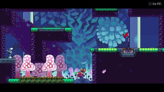 A 2D level of platforms with strange fungi in blue and red in the background.