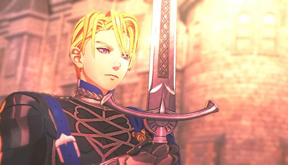 Dimitri looking stoic before his sword in a screenshot from Fire Emblem Warriors: Three Hopes.