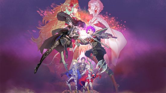 Art for Fire Emblem Warriors: Three Hopes showing two mercenaries clashing, with other characters in the background