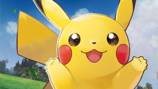 Pikachu looking like it wants a hug as it holds its arms in the air with an adorable smile on its face with a cloudy blue sky in the background
