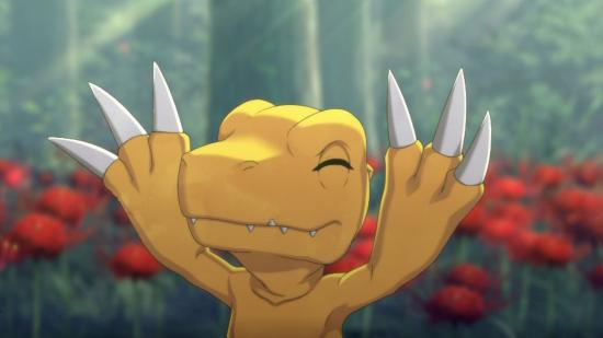 Agumon throwing his hands in the air and having a happy moment with Takuma in Digimon Survive