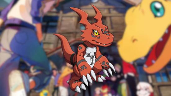 Digimon Survive's Red and Black Guilmon, el Dinosaur Type-Mon, en un borde de Digimon sobrevivir sobre fondo
