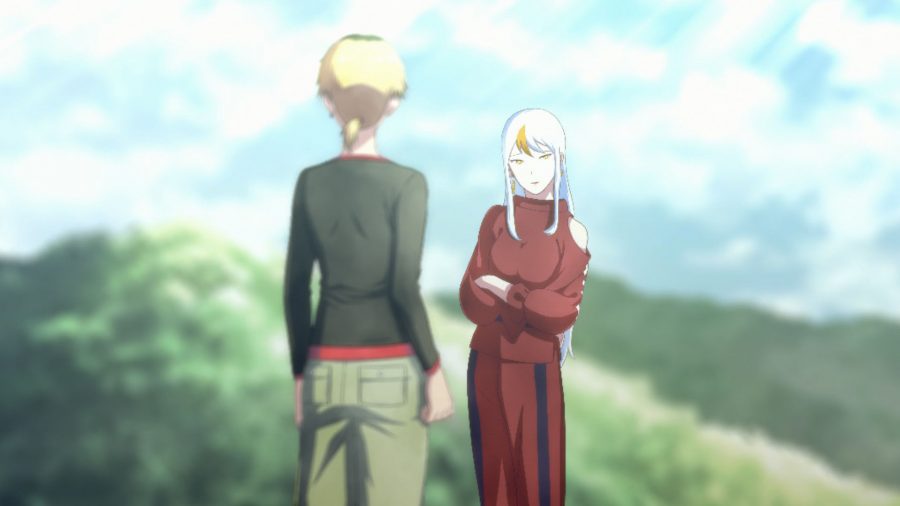Kaito and the unfamiliar woman stand next to each other, with your friend Kato looking away, in the wooded area before you find the cable cars