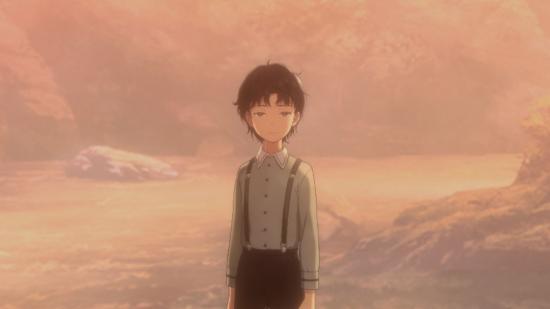 One of the important characters from the Digimon Survive memories stories, Haru as a child stands in a slightly sunlit space looking right at the player