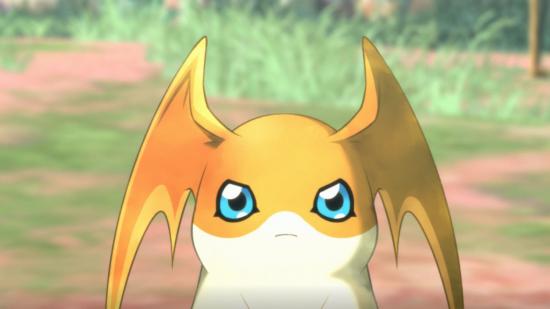 One of Digimon Survive's recruit Digimon, Patamon, looking angrily at the camera